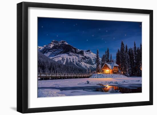 Emerald Lake Lodge in Banff, Canada during winter with snow and mountains at night with starry sky-David Chang-Framed Photographic Print