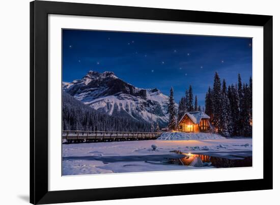 Emerald Lake Lodge in Banff, Canada during winter with snow and mountains at night with starry sky-David Chang-Framed Photographic Print