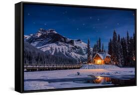 Emerald Lake Lodge in Banff, Canada during winter with snow and mountains at night with starry sky-David Chang-Framed Stretched Canvas