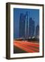 Emirate Towers and Car Tail Lights at Night, Abu Dhabi, United Arab Emirates, Middle East-Frank Fell-Framed Photographic Print