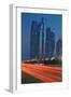 Emirate Towers and Car Tail Lights at Night, Abu Dhabi, United Arab Emirates, Middle East-Frank Fell-Framed Photographic Print