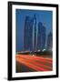 Emirate Towers and Car Tail Lights at Night, Abu Dhabi, United Arab Emirates, Middle East-Frank Fell-Framed Photographic Print