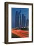 Emirate Towers and Car Tail Lights at Night, Abu Dhabi, United Arab Emirates, Middle East-Frank Fell-Framed Photographic Print