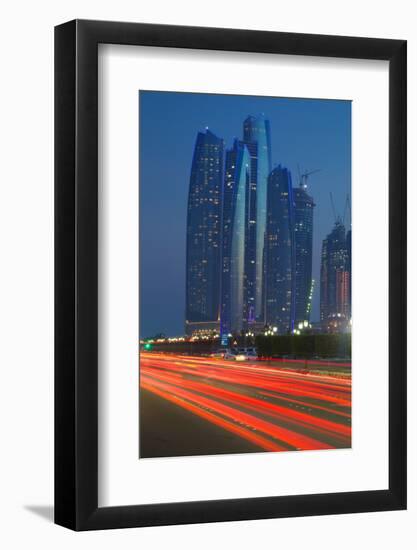 Emirate Towers and Car Tail Lights at Night, Abu Dhabi, United Arab Emirates, Middle East-Frank Fell-Framed Photographic Print