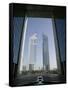 Emirates Towers Through Dubai International Financial Center Arch, Sheikh Zayed Road, Dubai, UAE-Walter Bibikow-Framed Stretched Canvas