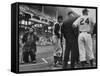 Emmet Kelly at Dodgers Game as Pirates Player Dick Groat and Dodger Manager Walter Alston confer-Yale Joel-Framed Stretched Canvas