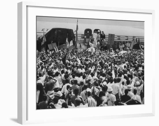 Emperor Haile Selassie Leaving Airplane and Waving to Welcoming Crowd-null-Framed Photographic Print