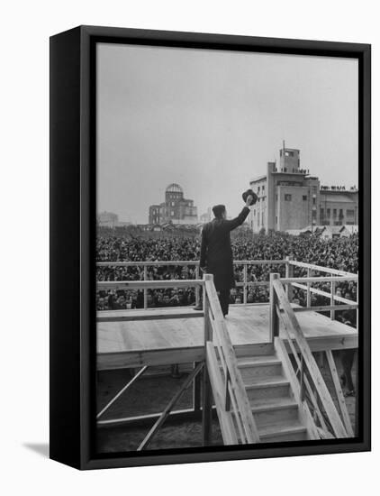 Emperor Hirohito Standing on Platform and Waving to the Crowd-Carl Mydans-Framed Stretched Canvas