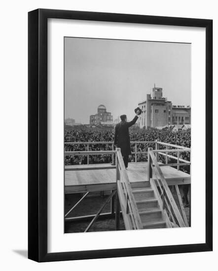 Emperor Hirohito Standing on Platform and Waving to the Crowd-Carl Mydans-Framed Photographic Print