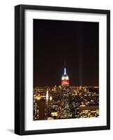 Empire State Building in Red, White and Blue as Columns of Light Soar from World Trade Center Site-null-Framed Photographic Print