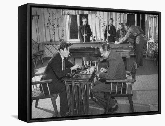 Employees of Mylly Koski Playing Pool and Chess in Game Room-Mark Kauffman-Framed Stretched Canvas