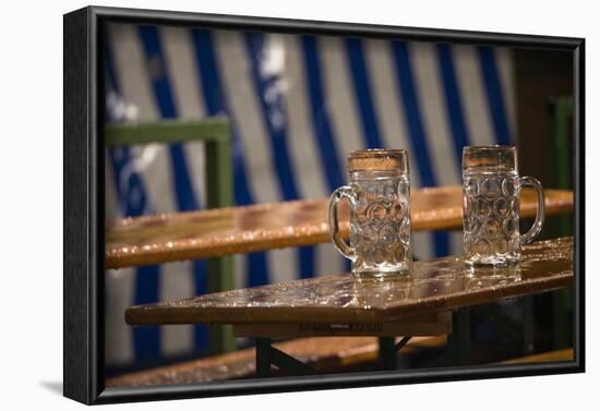 empty beer mugs in the rain, Oktoberfest-Christine Meder stage-art.de-Framed Photographic Print