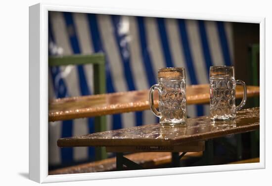 empty beer mugs in the rain, Oktoberfest-Christine Meder stage-art.de-Framed Photographic Print