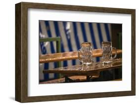 empty beer mugs on wet beer tables, Oktoberfest, Munich-Christine Meder stage-art.de-Framed Photographic Print