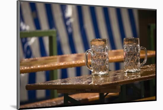 empty beer mugs on wet beer tables, Oktoberfest, Munich-Christine Meder stage-art.de-Mounted Photographic Print
