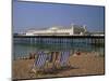 Empty Deck Chairs on the Beach and the Brighton Pier, Brighton, Sussex, England, United Kingdom-Miller John-Mounted Photographic Print
