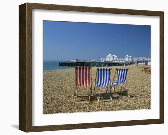 Empty Deck Chairs on the Beach and the Southsea Pier, Southsea, Hampshire, England, United Kingdom-Nigel Francis-Framed Photographic Print