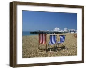 Empty Deck Chairs on the Beach and the Southsea Pier, Southsea, Hampshire, England, United Kingdom-Nigel Francis-Framed Photographic Print