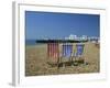 Empty Deck Chairs on the Beach and the Southsea Pier, Southsea, Hampshire, England, United Kingdom-Nigel Francis-Framed Photographic Print