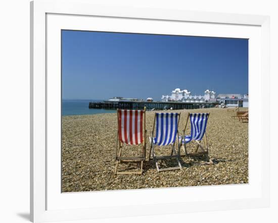 Empty Deck Chairs on the Beach and the Southsea Pier, Southsea, Hampshire, England, United Kingdom-Nigel Francis-Framed Photographic Print