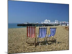 Empty Deck Chairs on the Beach and the Southsea Pier, Southsea, Hampshire, England, United Kingdom-Nigel Francis-Mounted Photographic Print