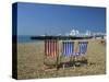 Empty Deck Chairs on the Beach and the Southsea Pier, Southsea, Hampshire, England, United Kingdom-Nigel Francis-Stretched Canvas