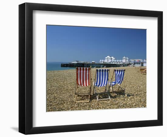 Empty Deck Chairs on the Beach and the Southsea Pier, Southsea, Hampshire, England, United Kingdom-Nigel Francis-Framed Photographic Print