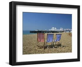 Empty Deck Chairs on the Beach and the Southsea Pier, Southsea, Hampshire, England, United Kingdom-Nigel Francis-Framed Photographic Print