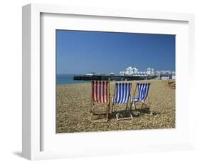 Empty Deck Chairs on the Beach and the Southsea Pier, Southsea, Hampshire, England, United Kingdom-Nigel Francis-Framed Photographic Print