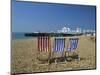 Empty Deck Chairs on the Beach and the Southsea Pier, Southsea, Hampshire, England, United Kingdom-Nigel Francis-Mounted Photographic Print
