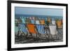 Empty Deckchairs on Pebble Beach in Devon, England, UK-Natalie Tepper-Framed Photo