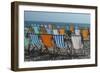 Empty Deckchairs on Pebble Beach in Devon, England, UK-Natalie Tepper-Framed Photo