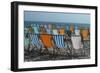 Empty Deckchairs on Pebble Beach in Devon, England, UK-Natalie Tepper-Framed Photo