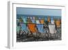 Empty Deckchairs on Pebble Beach in Devon, England, UK-Natalie Tepper-Framed Photo