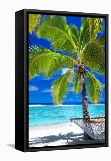 Empty Hammock under Palm Tree on Tropical Beach-Martin Valigursky-Framed Stretched Canvas