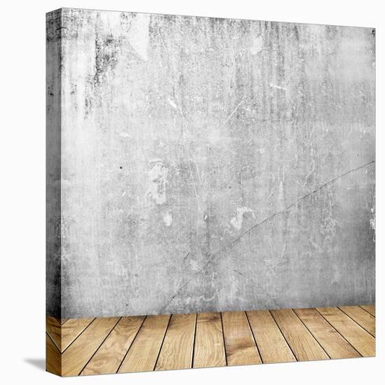 Empty Interior of Vintage Room with Grey Grunge Stone Wall and Old Wooden Floor-Olegkalina-Stretched Canvas