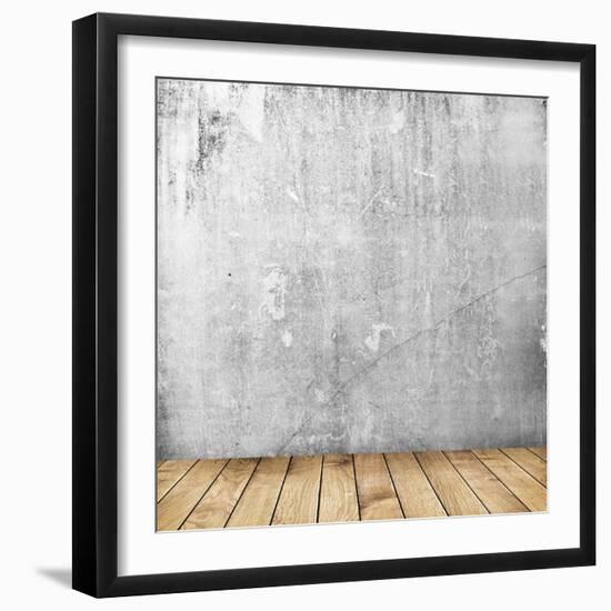 Empty Interior of Vintage Room with Grey Grunge Stone Wall and Old Wooden Floor-Olegkalina-Framed Art Print