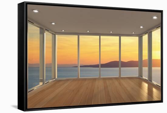 Empty Modern Lounge Area with Large Bay Window and View of Sea-FreshPaint-Framed Stretched Canvas