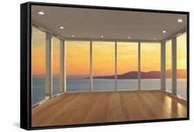 Empty Modern Lounge Area with Large Bay Window and View of Sea-FreshPaint-Framed Stretched Canvas