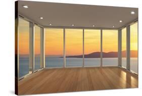 Empty Modern Lounge Area with Large Bay Window and View of Sea-FreshPaint-Stretched Canvas