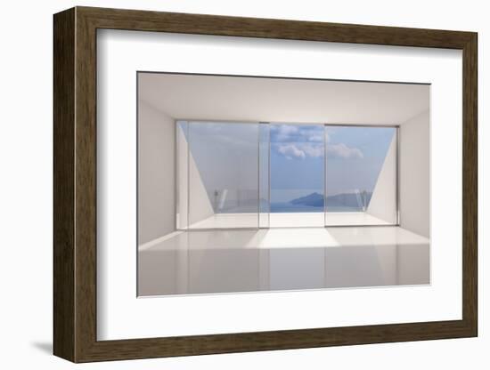 Empty Modern Lounge Area with Large Bay Window and View of Sea-FreshPaint-Framed Photographic Print