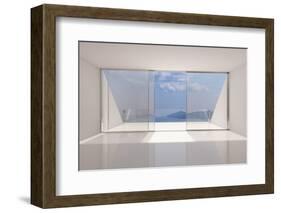 Empty Modern Lounge Area with Large Bay Window and View of Sea-FreshPaint-Framed Photographic Print