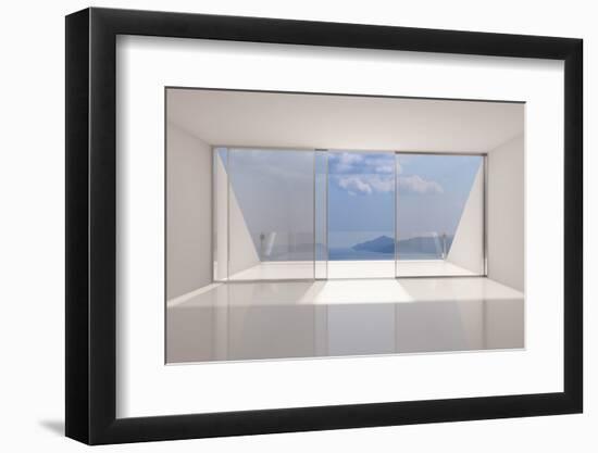 Empty Modern Lounge Area with Large Bay Window and View of Sea-FreshPaint-Framed Photographic Print