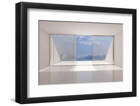 Empty Modern Lounge Area with Large Bay Window and View of Sea-FreshPaint-Framed Photographic Print