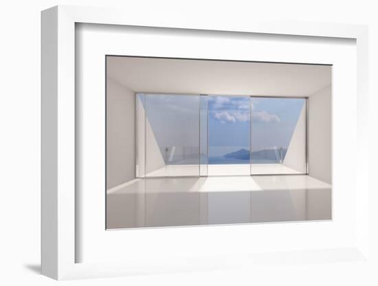 Empty Modern Lounge Area with Large Bay Window and View of Sea-FreshPaint-Framed Photographic Print