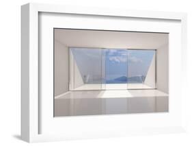 Empty Modern Lounge Area with Large Bay Window and View of Sea-FreshPaint-Framed Photographic Print