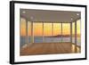 Empty Modern Lounge Area with Large Bay Window and View of Sea-FreshPaint-Framed Photographic Print