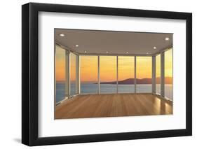 Empty Modern Lounge Area with Large Bay Window and View of Sea-FreshPaint-Framed Photographic Print