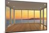 Empty Modern Lounge Area with Large Bay Window and View of Sea-FreshPaint-Mounted Photographic Print