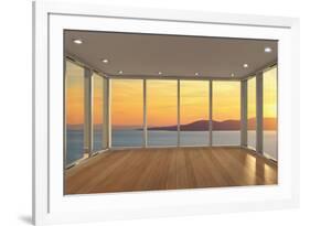 Empty Modern Lounge Area with Large Bay Window and View of Sea-FreshPaint-Framed Photographic Print